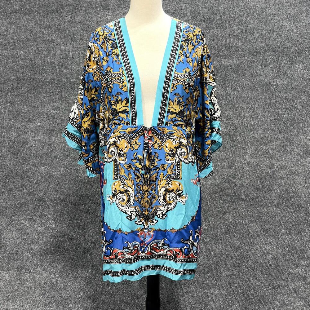 Baroque Floral Kimono Blouse Womens Small Blue Multicolor Silk V Neck Tunic Top